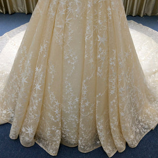 Elegant Champagne Gold Star Lace Wedding Dress with Off the Shoulder - Rosymae