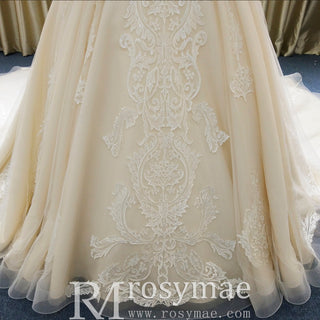 Elegant Champagne Off the Shoulder Ball Gown Wedding Dress with Pleated - Rosymae