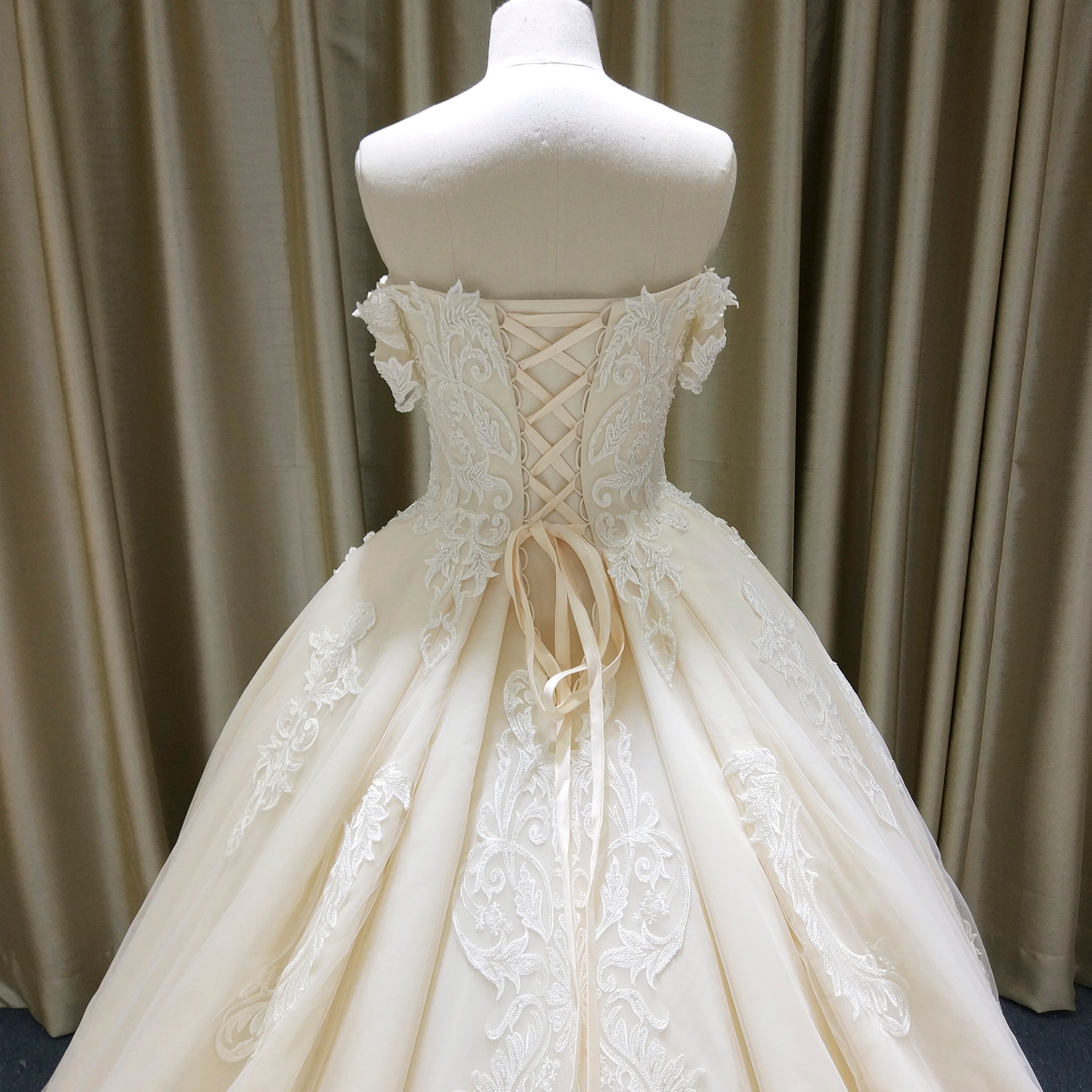 Elegant Champagne Off the Shoulder Ball Gown Wedding Dress with Pleated - Rosymae