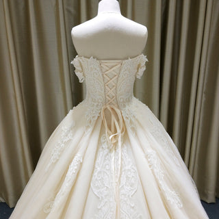 Elegant Champagne Off the Shoulder Ball Gown Wedding Dress with Pleated - Rosymae