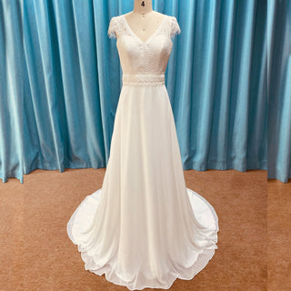 Elegant Chiffon Sheath Vneck Wedding Dresses with Capped Sleeve - Rosymae