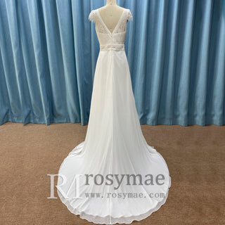 Elegant Chiffon Sheath Vneck Wedding Dresses with Capped Sleeve - Rosymae