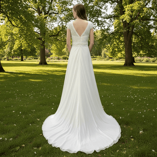 Elegant Chiffon Sheath Vneck Wedding Dresses with Capped Sleeve - Rosymae