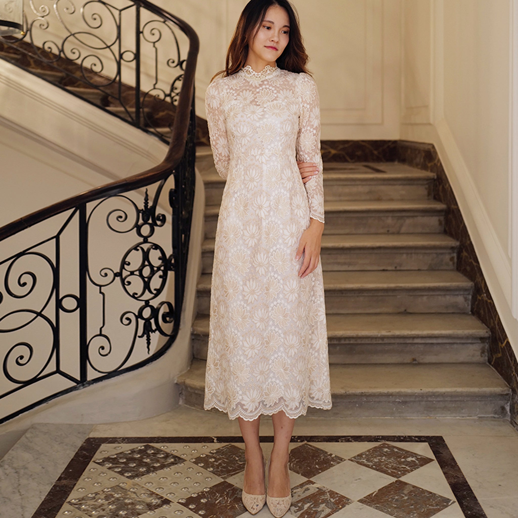 Cream Lace Midi Wedding Dress with Long Sleeve Cream / 0