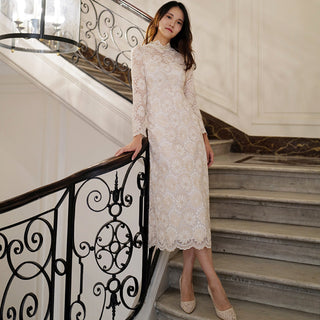 Elegant Cream-Colored Lace Midi Wedding Dress with Long Sleeve - Rosymae