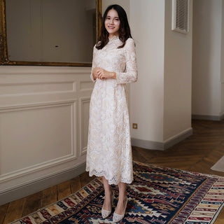 Elegant Cream-Colored Lace Midi Wedding Dress with Long Sleeve - Rosymae