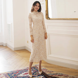 Elegant Cream-Colored Lace Midi Wedding Dress with Long Sleeve - Rosymae
