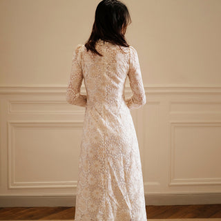 Elegant Cream-Colored Lace Midi Wedding Dress with Long Sleeve - Rosymae