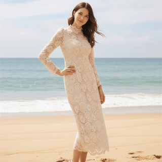 Elegant Cream-Colored Lace Midi Wedding Dress with Long Sleeve - Rosymae
