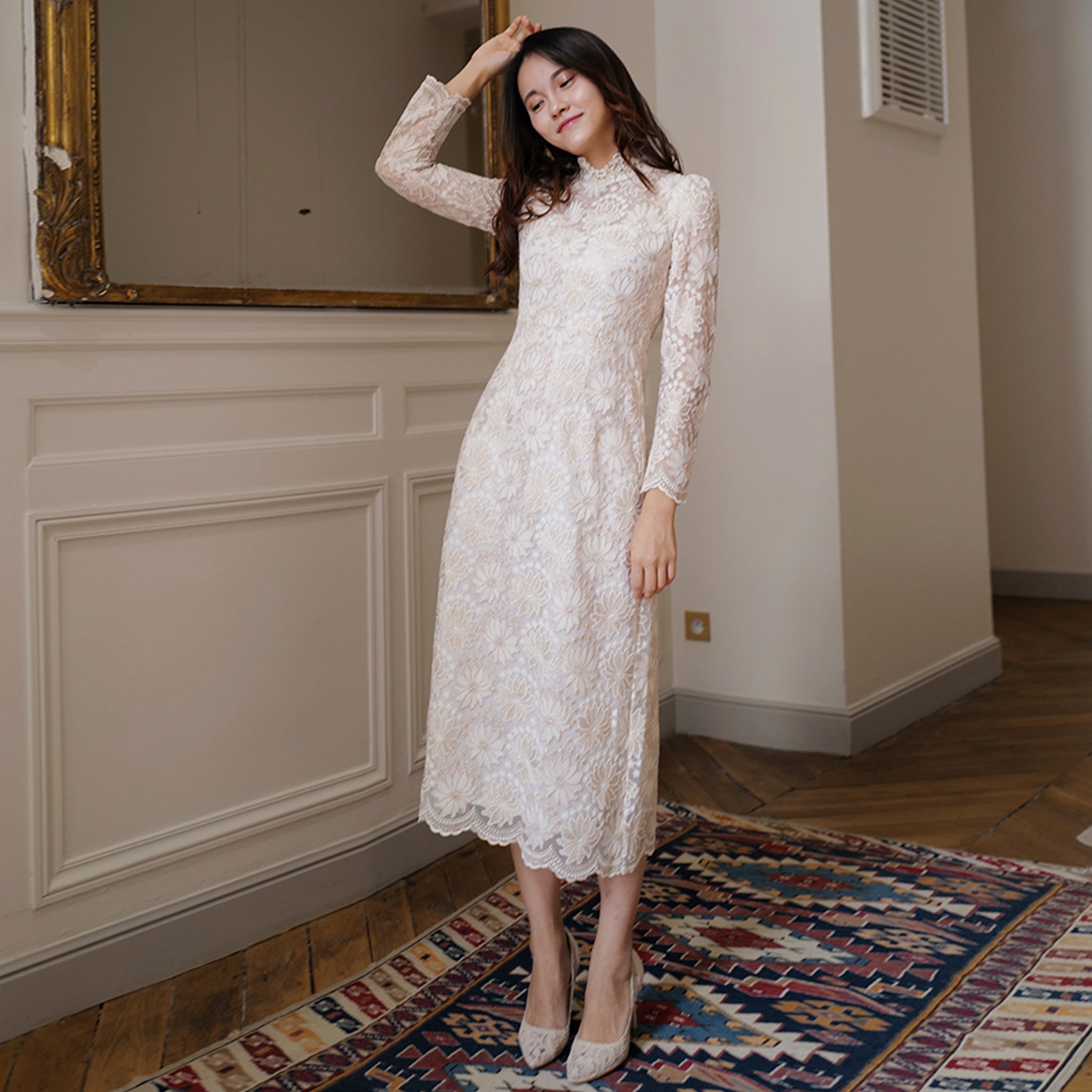 Cream Lace Midi Wedding Dress with Long Sleeve Cream / 0