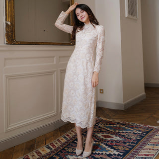 Elegant Cream-Colored Lace Midi Wedding Dress with Long Sleeve - Rosymae