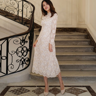 Elegant Cream-Colored Lace Midi Wedding Dress with Long Sleeve - Rosymae
