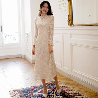 Elegant Cream-Colored Lace Midi Wedding Dress with Long Sleeve - Rosymae