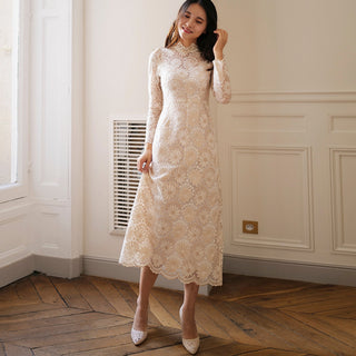 Elegant Cream-Colored Lace Midi Wedding Dress with Long Sleeve - Rosymae