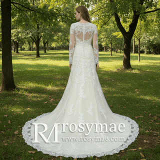 Elegant Cream Long Sleeve A Line V-Neck Lace Wedding Dresses - Rosymae