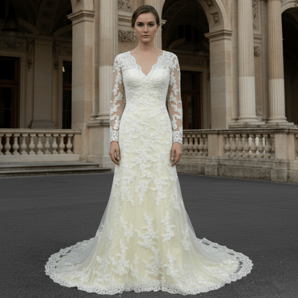 Elegant Cream Long Sleeve A Line V-Neck Lace Wedding Dresses - Rosymae
