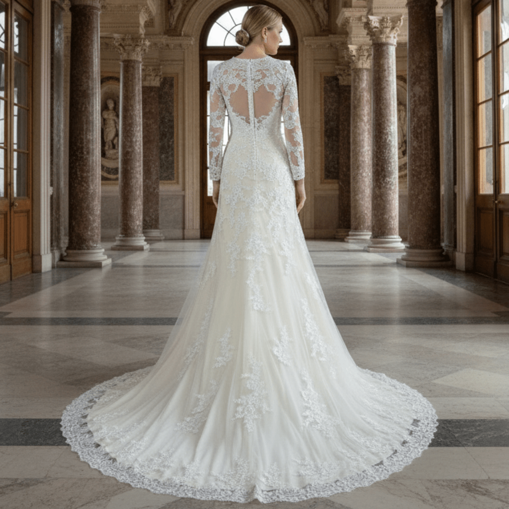 Elegant Cream Long Sleeve A Line V-Neck Lace Wedding Dresses - Rosymae