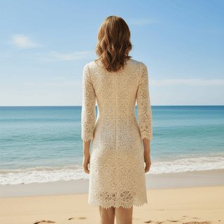 Elegant Cream Scalloped Neckline 3D-printed lace 3/4 sleeve Wedding dress - Rosymae
