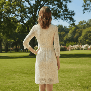 Elegant Cream Scalloped Neckline 3D-printed lace 3/4 sleeve Wedding dress - Rosymae
