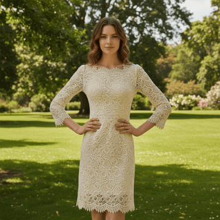 Elegant Cream Scalloped Neckline 3D-printed lace 3/4 sleeve Wedding dress - Rosymae
