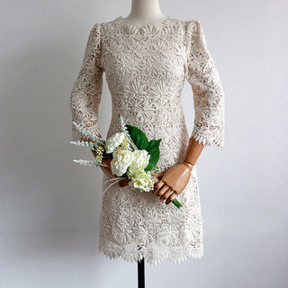 Elegant Cream Scalloped Neckline 3D-printed lace 3/4 sleeve Wedding dress - Rosymae
