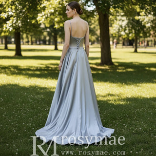 Elegant Crepe Satin Prom Party Dresses Evening Gowns with Pocket - Rosymae
