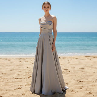 Elegant Crepe Satin Prom Party Dresses Evening Gowns with Pocket - Rosymae