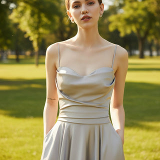 Elegant Crepe Satin Prom Party Dresses Evening Gowns with Pocket - Rosymae