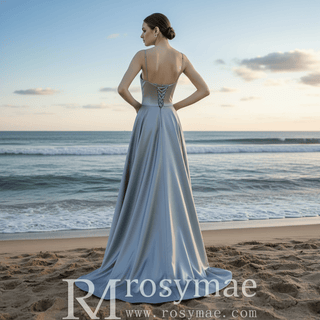 Elegant Crepe Satin Prom Party Dresses Evening Gowns with Pocket - Rosymae