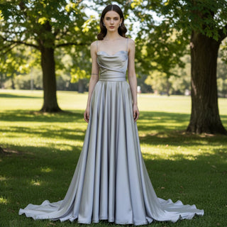 Elegant Crepe Satin Prom Party Dresses Evening Gowns with Pocket - Rosymae
