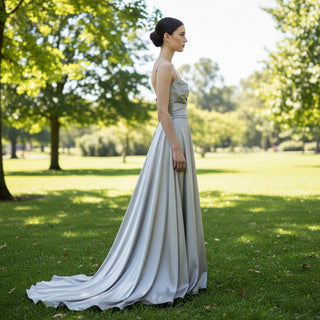 Elegant Crepe Satin Prom Party Dresses Evening Gowns with Pocket - Rosymae