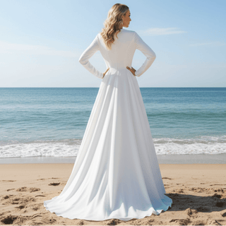 Elegant Crew Neck Long Sleeve A-line Wedding Dresses with Pocket - Rosymae