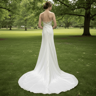 Elegant Curve Neck Strapless Satin Wedding Dress with Leg Slit for Bride - Rosymae