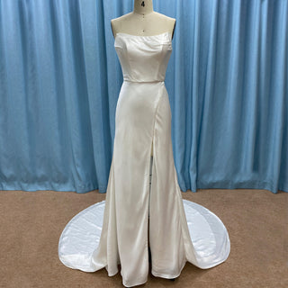 Elegant Curve Neck Strapless Satin Wedding Dress with Leg Slit for Bride - Rosymae