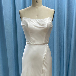 Elegant Curve Neck Strapless Satin Wedding Dress with Leg Slit for Bride - Rosymae