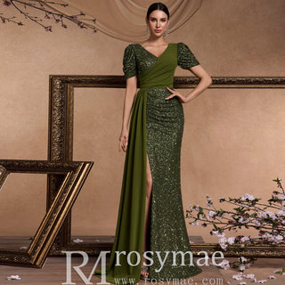 Elegant Dark Green Short Sleeve Vneck Sparkly Prom Dresses with Leg Slit - Rosymae