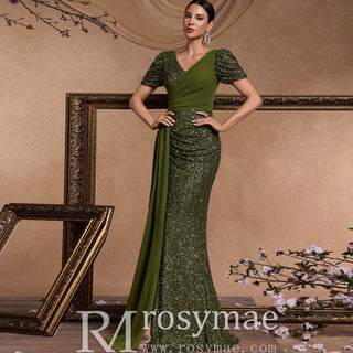 Elegant Dark Green Short Sleeve Vneck Sparkly Prom Dresses with Leg Slit - Rosymae