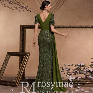 Elegant Dark Green Short Sleeve Vneck Sparkly Prom Dresses with Leg Slit - Rosymae