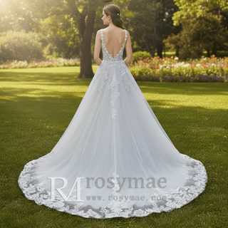Elegant Deep V-neck A-line Wedding Dress with Tank Top - Rosymae