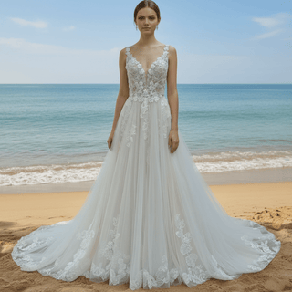 Elegant Deep V-neck A-line Wedding Dress with Tank Top - Rosymae