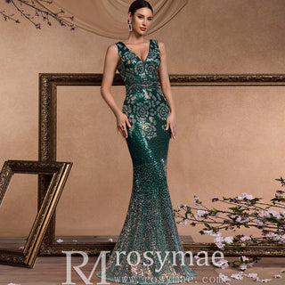 Elegant Deep V-Neck Sparkly Mermaid Prom Dress with Open Back - Rosymae