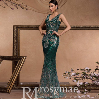 Elegant Deep V-Neck Sparkly Mermaid Prom Dress with Open Back - Rosymae