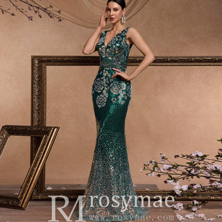 Elegant Deep V-Neck Sparkly Mermaid Prom Dress with Open Back - Rosymae
