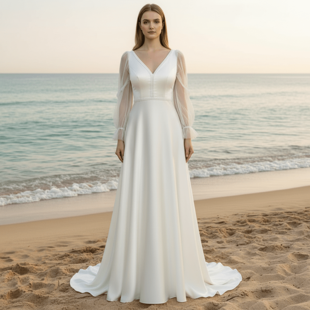 Elegant Deep V-Neck Wedding Dresses with Sheer Sleeves - Rosymae