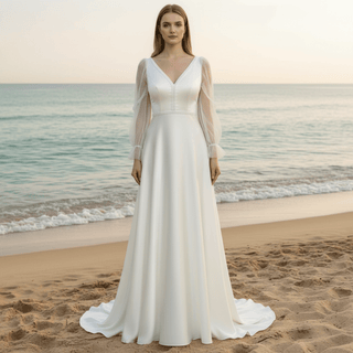 Elegant Deep V-Neck Wedding Dresses with Sheer Sleeves - Rosymae