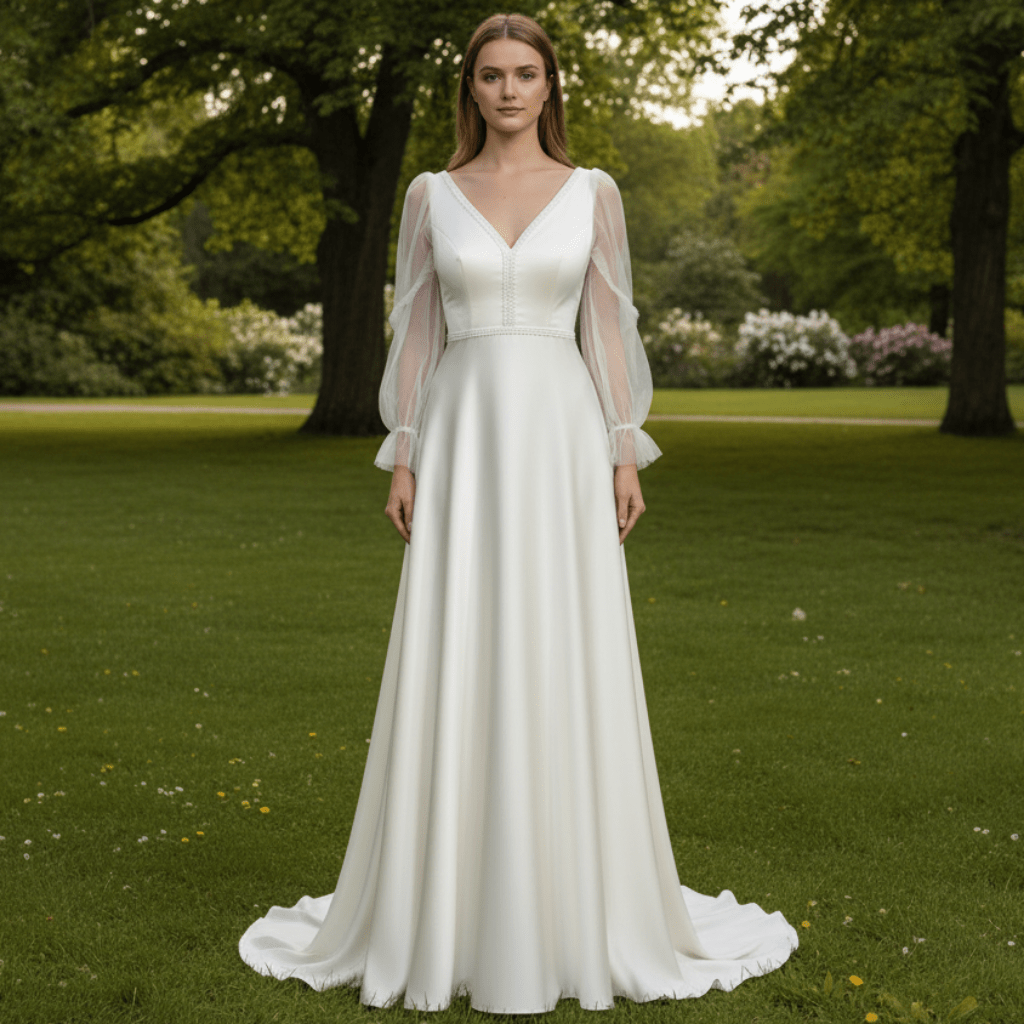 Elegant Deep V-Neck Wedding Dresses with Sheer Sleeves - Rosymae