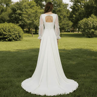 Elegant Deep V-Neck Wedding Dresses with Sheer Sleeves - Rosymae