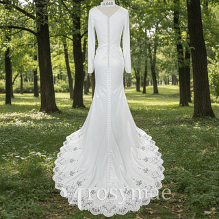 Elegant Deep Vneck Women Mermaid Wedding Dress with Long Sleeves - Rosymae