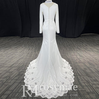 Elegant Deep Vneck Women Mermaid Wedding Dress with Long Sleeves - Rosymae