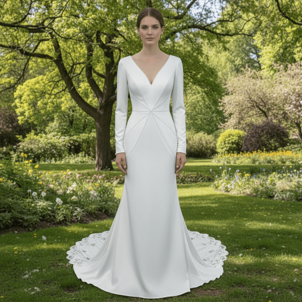 Elegant Deep Vneck Women Mermaid Wedding Dress with Long Sleeves - Rosymae